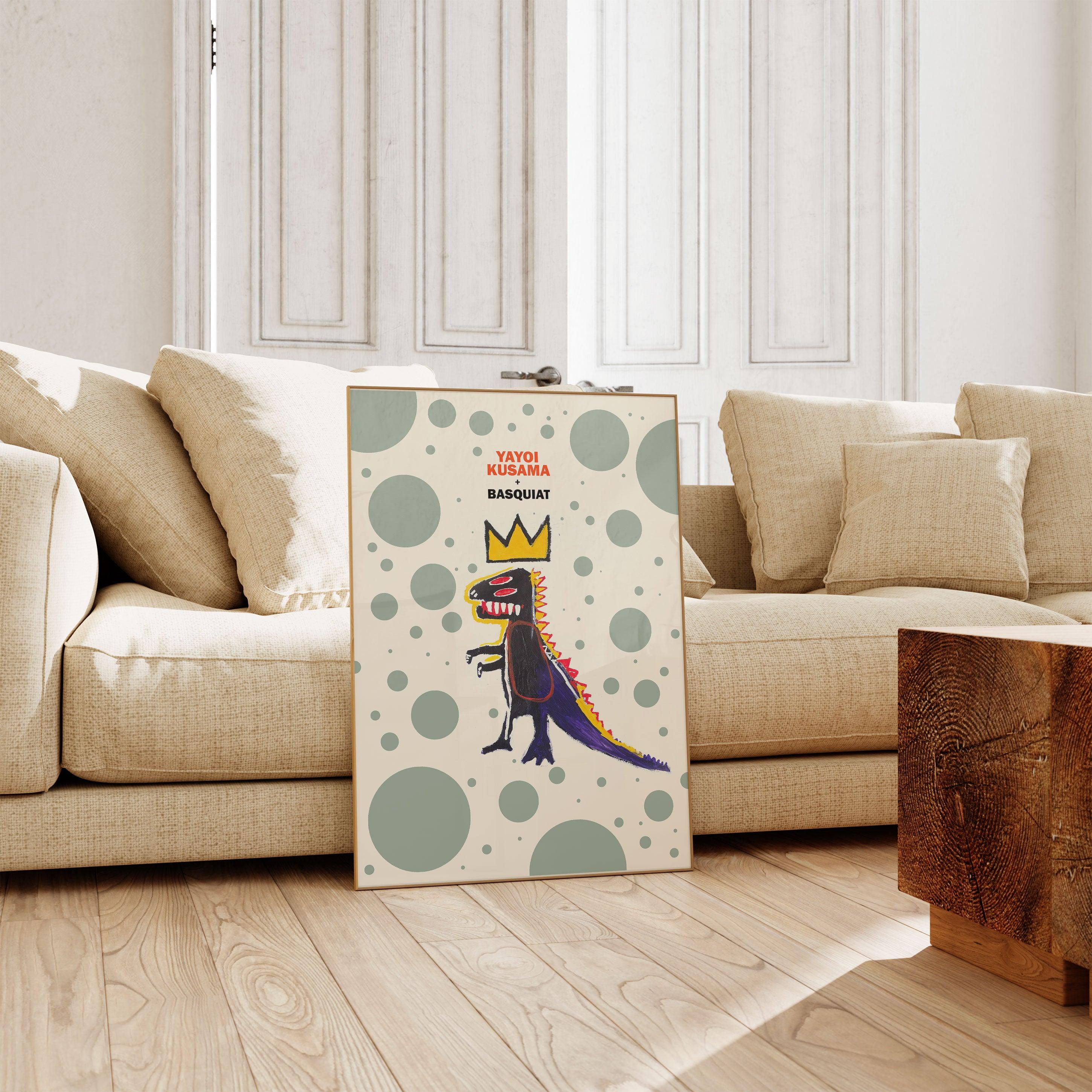 Basquiat & Kusama - Green Dotted Dinosaur - stravee - Wall Art Print