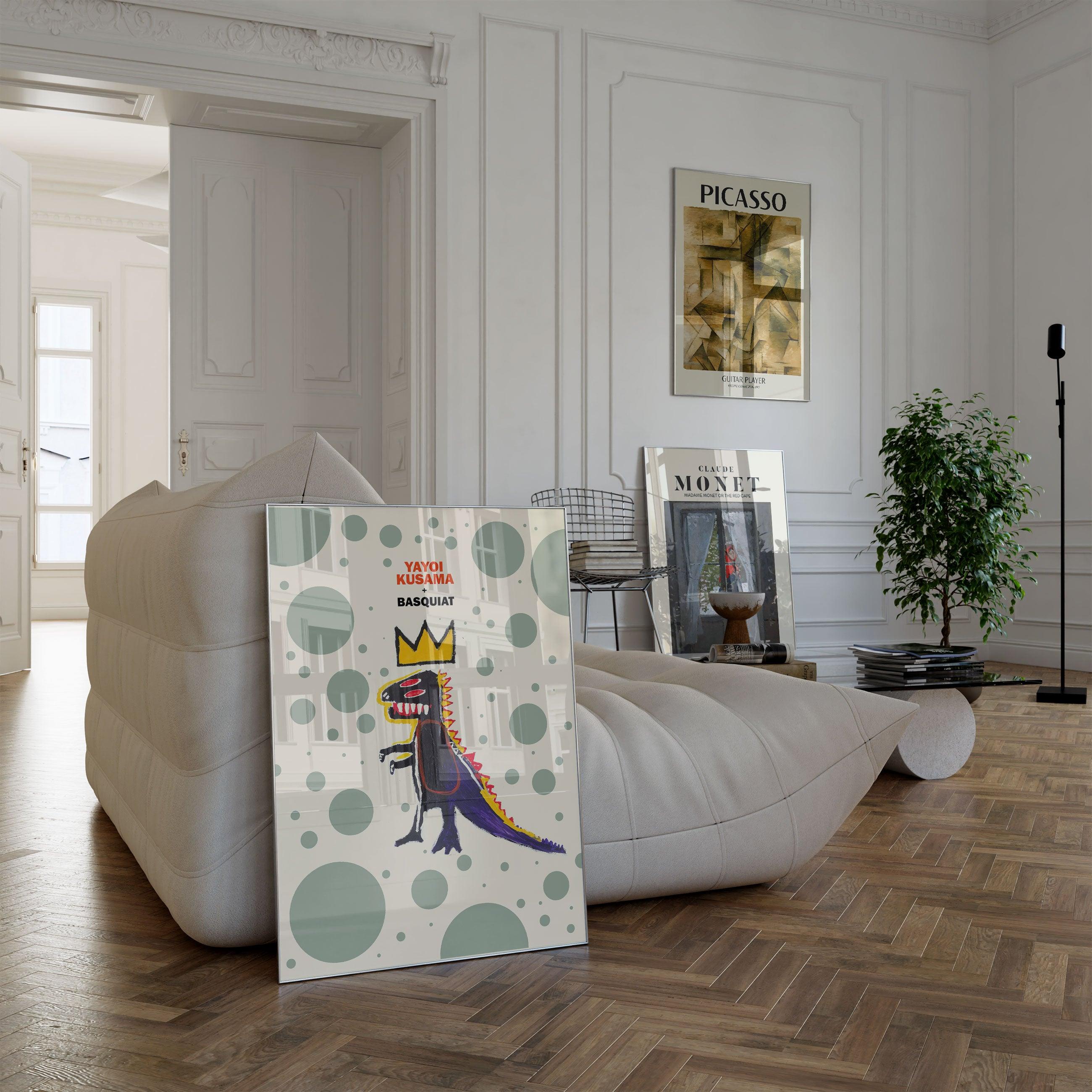 Basquiat & Kusama - Green Dotted Dinosaur - stravee - Wall Art Print