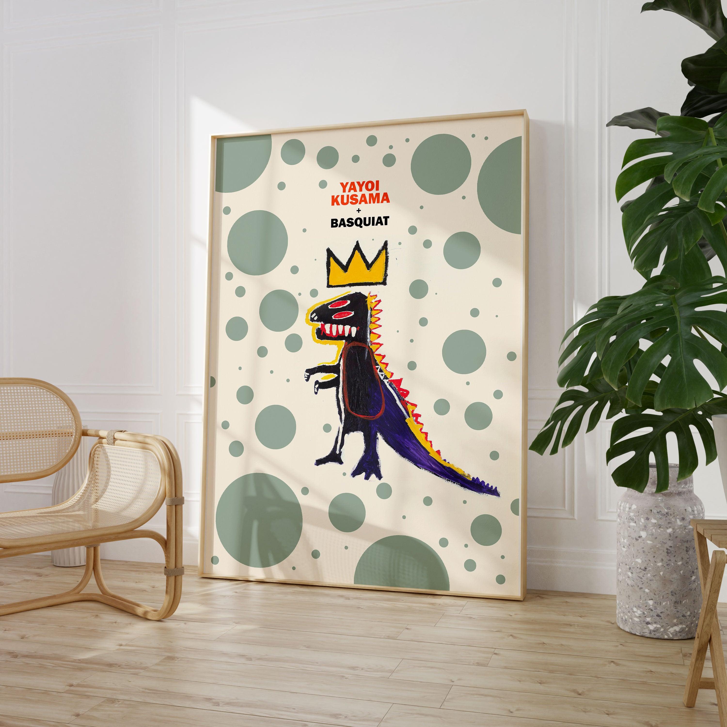 Basquiat & Kusama - Green Dotted Dinosaur - stravee - Wall Art Print