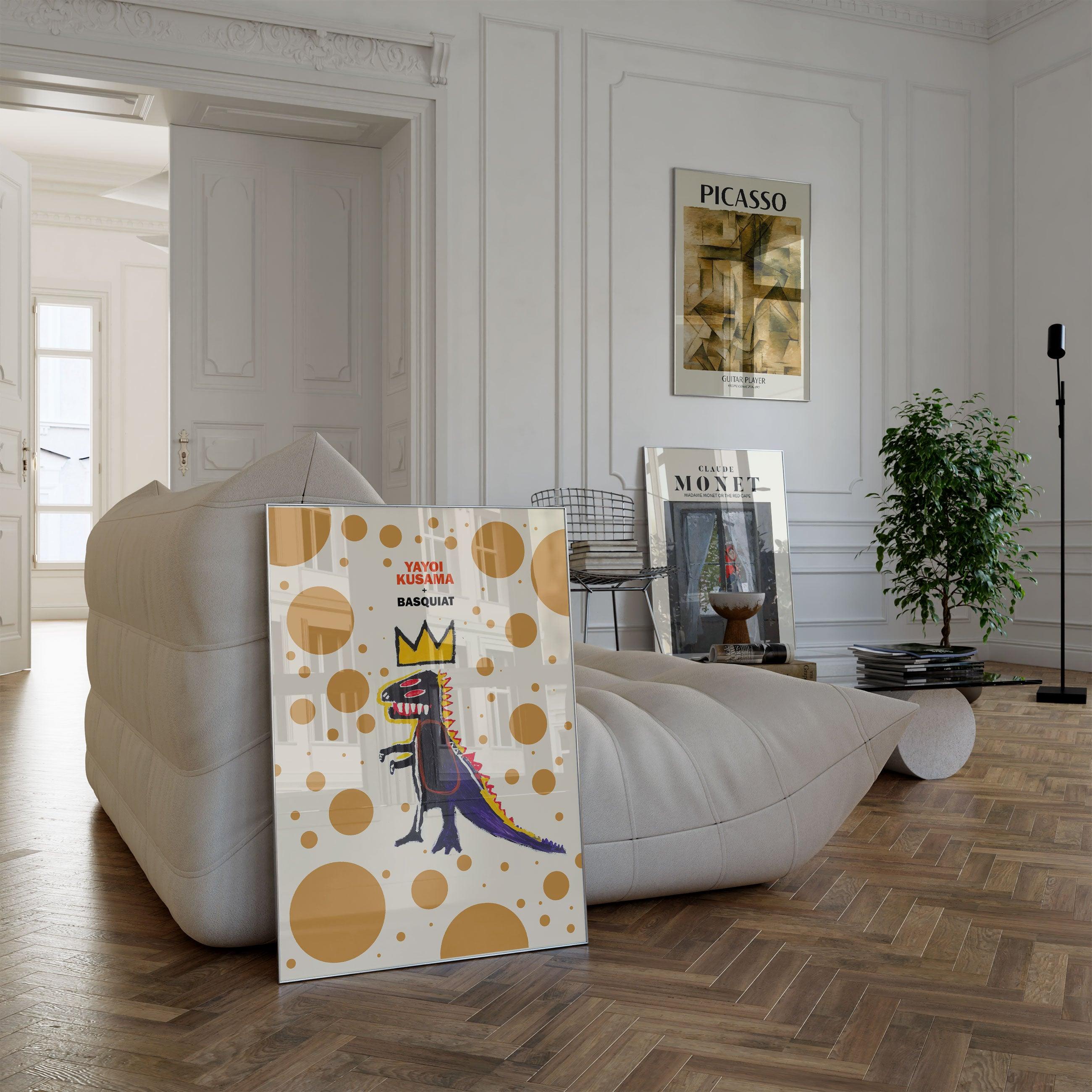 Basquiat & Kusama - Mustard Dotted Dinosaur - stravee - Wall Art Print