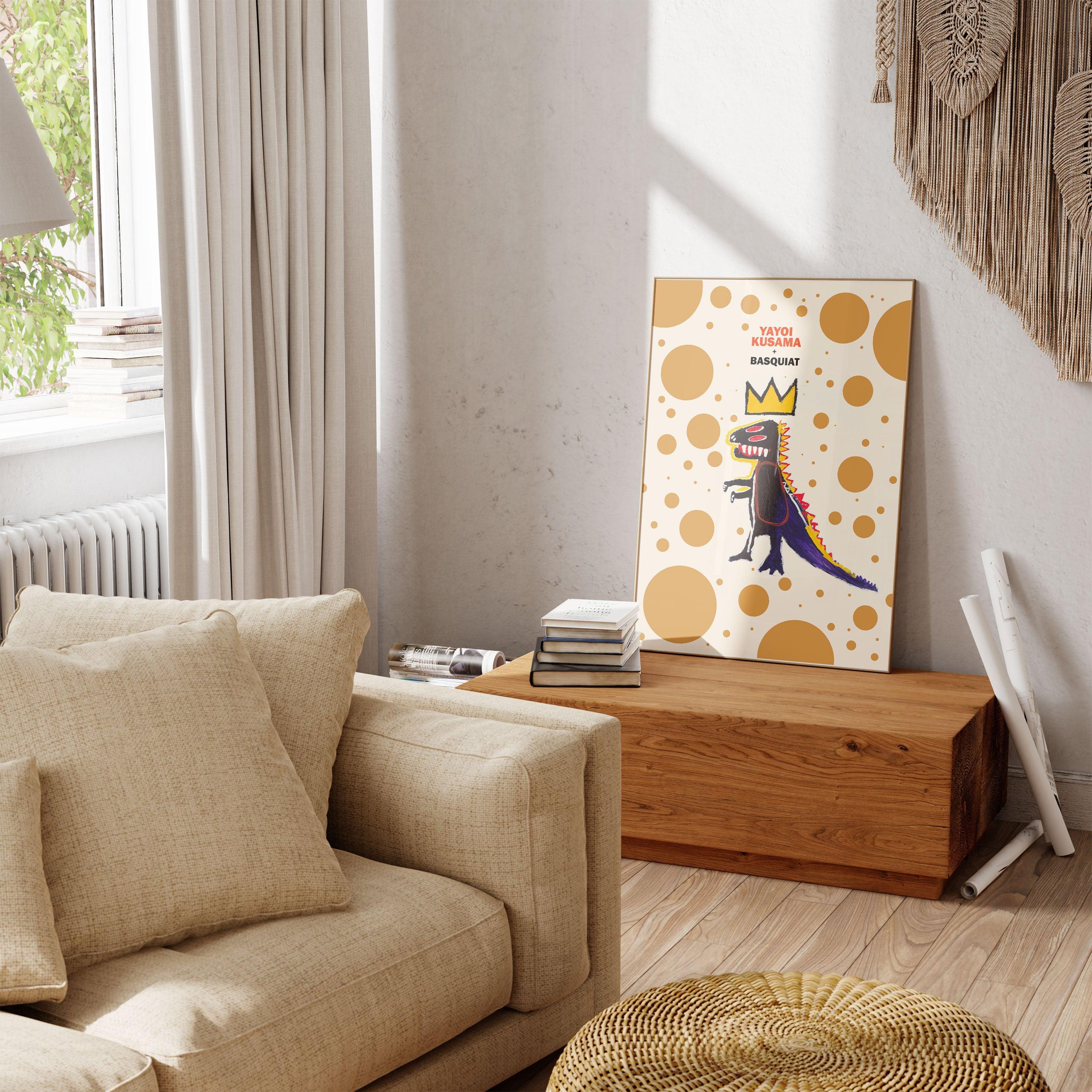 Basquiat & Kusama - Mustard Dotted Dinosaur - stravee - Wall Art Print