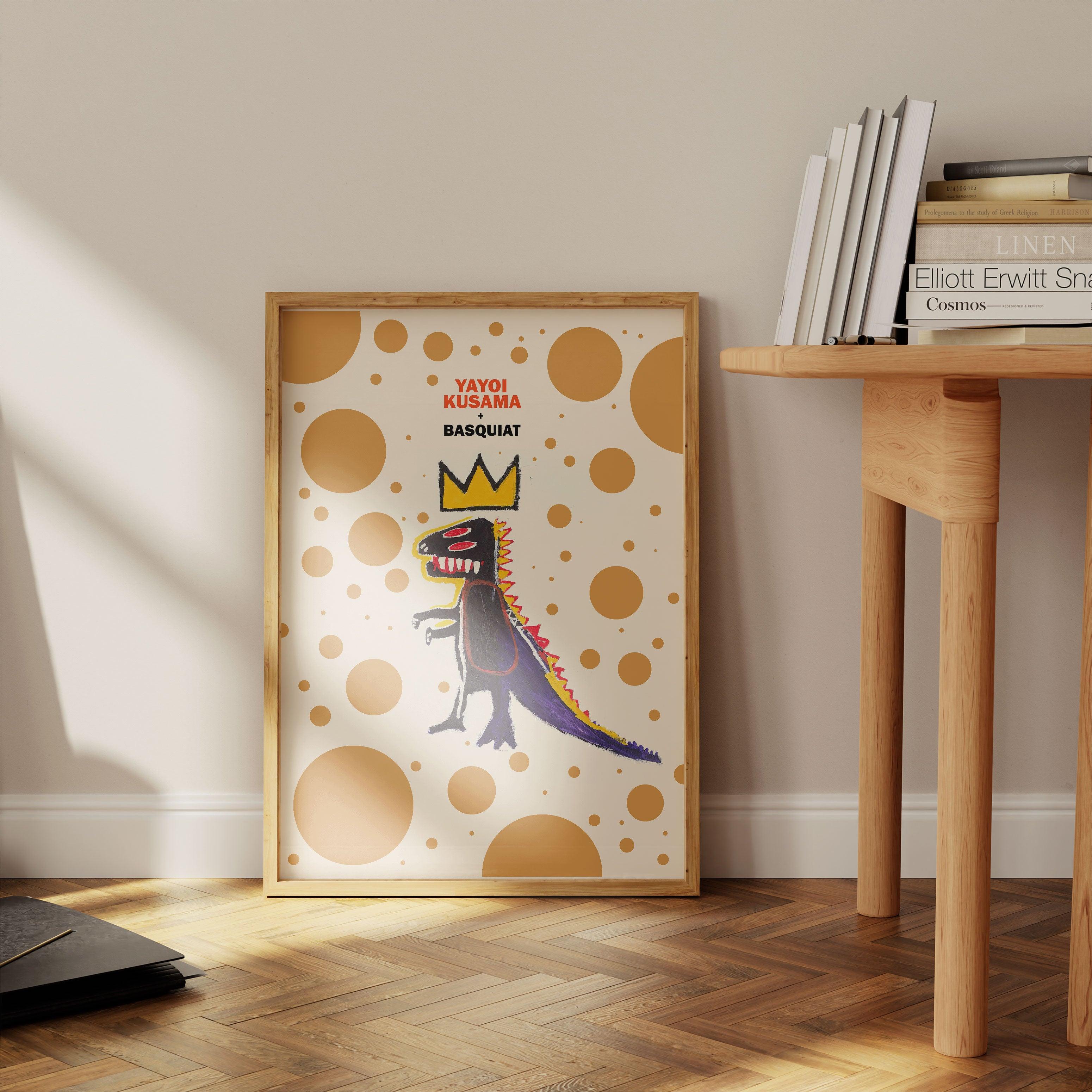 Basquiat & Kusama - Mustard Dotted Dinosaur - stravee - Wall Art Print